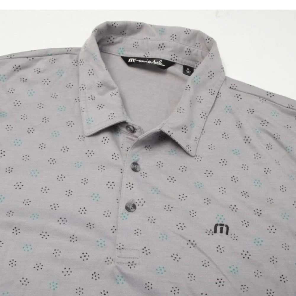 TravisMathew Polo Shirt Men XL Grey Geometric Dot Pima Cotton Blend Short Sleeve
